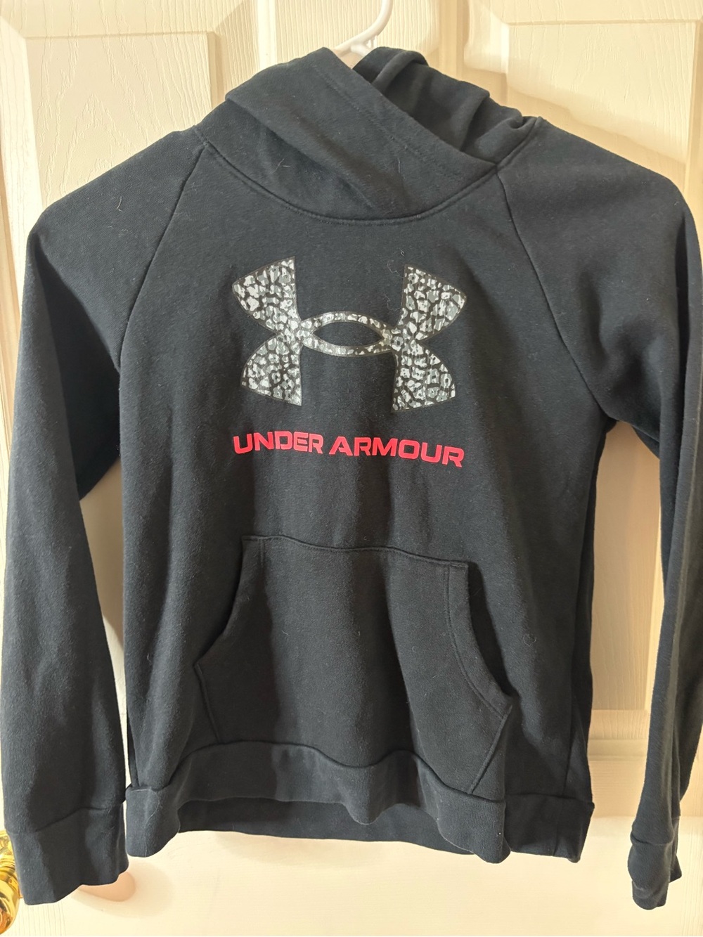 Under Armour Black Hoodie with Silver Logo and Red Text